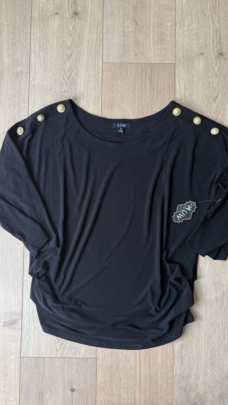 A.U.W. Boat Neck Top Size M Black Pearl Shoulder Buttons
